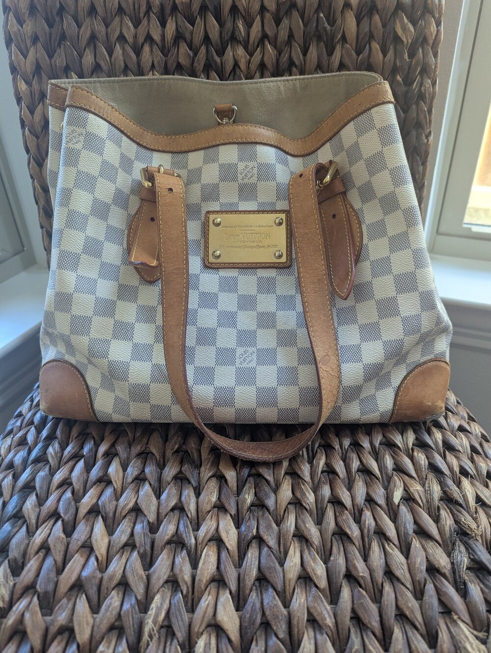 Louis Vuitton Damier Azur Checkered Tote in White & Tan Leather